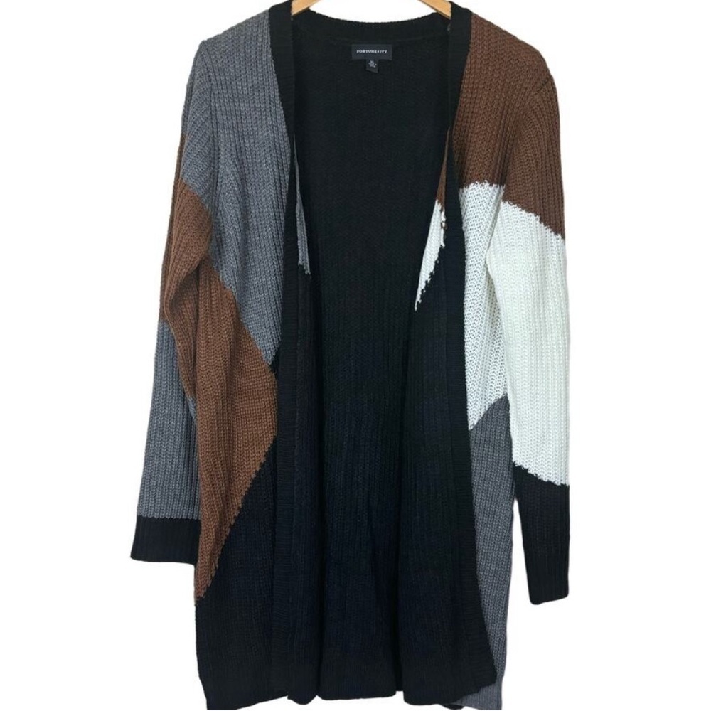 Fortune + Ivy Open Color Block Cardigan Size Medium Black Gray White New
